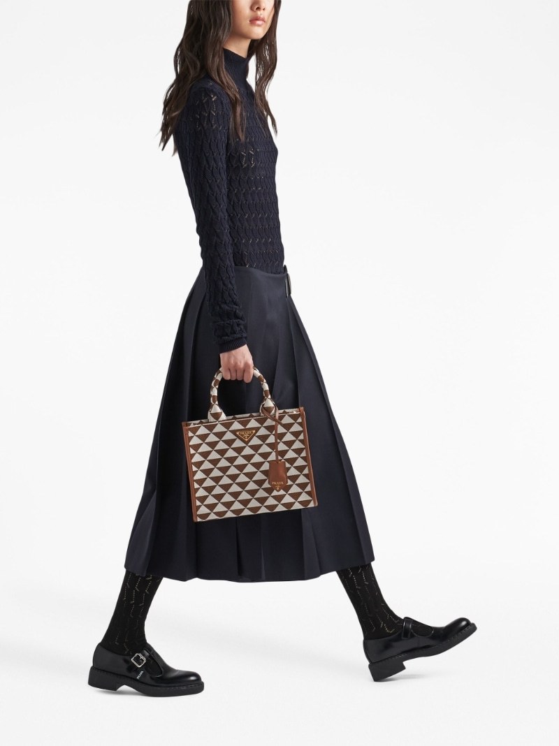 Prada Small Symbole Embroidered Fabric Handbag In Brown