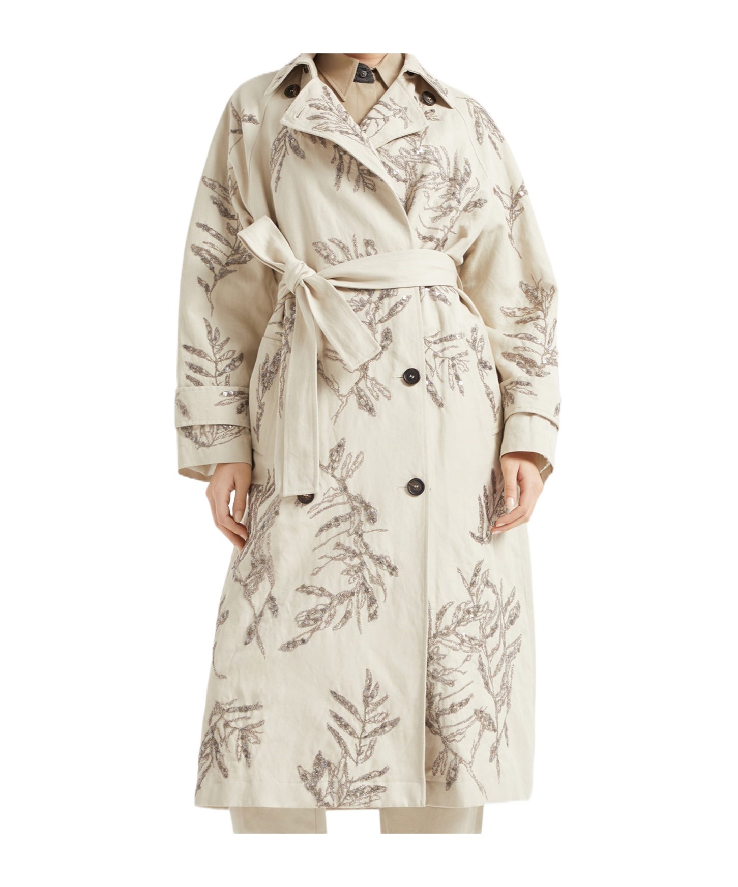 Brunello Cucinelli Herbarium-embroidered Trench Coat In Brown