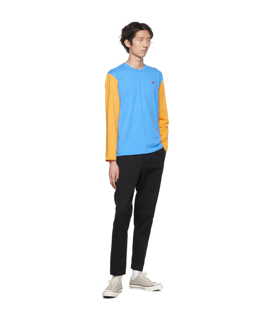 Comme Des Garçons Play Blue & Yellow Heart Long Sleeve T-shirt In Blue