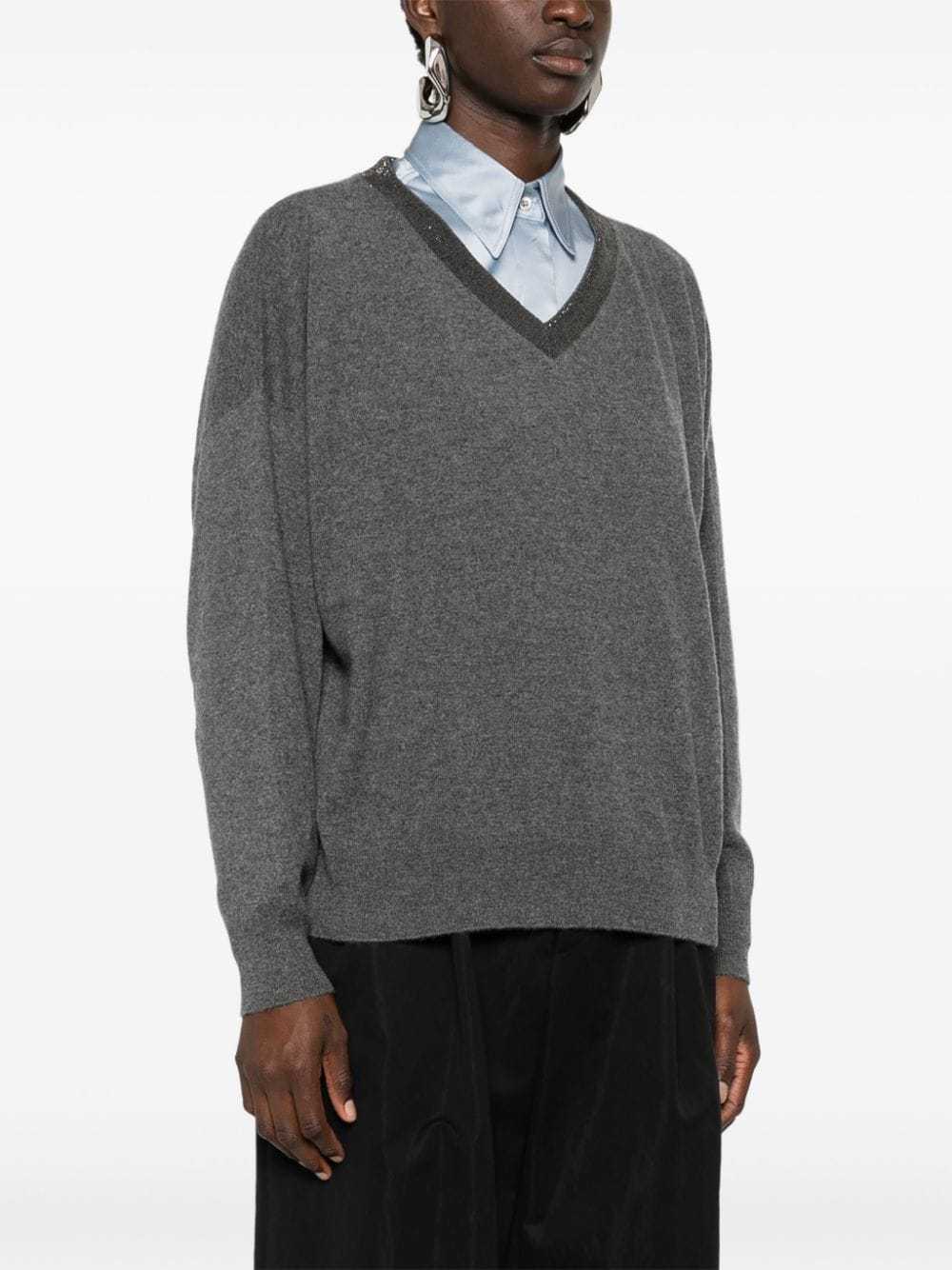 Brunello Cucinelli Knitted Cashmere V-neck Sweater With Ribbed Cuffs In Black
