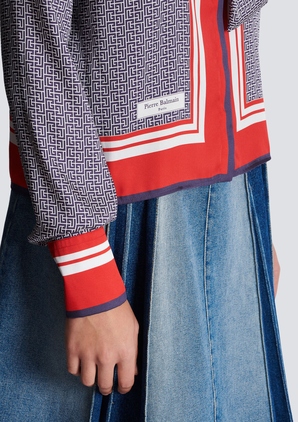 Balmain Pussy-bow Monogram-printed Shirt In Gray