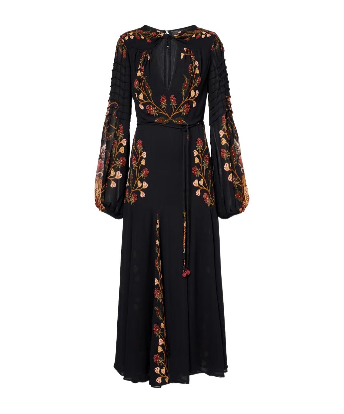 Farm Rio Berry Garden Belted Floral-print Crepe De Chine Midi Dress In Black