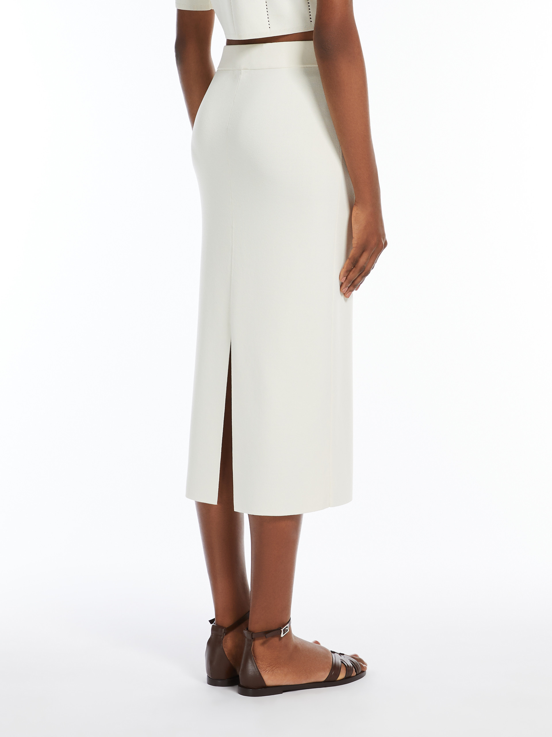 Max Mara Eden Double Cotton Canvas Midi Skirt In White