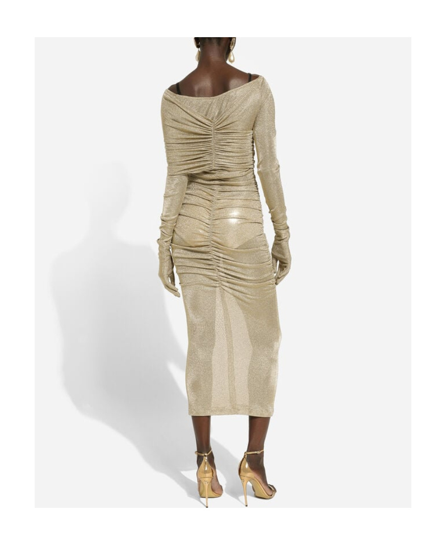 Dolce & Gabbana Draped Metallic Mesh-jersey Midi Dress In Nude