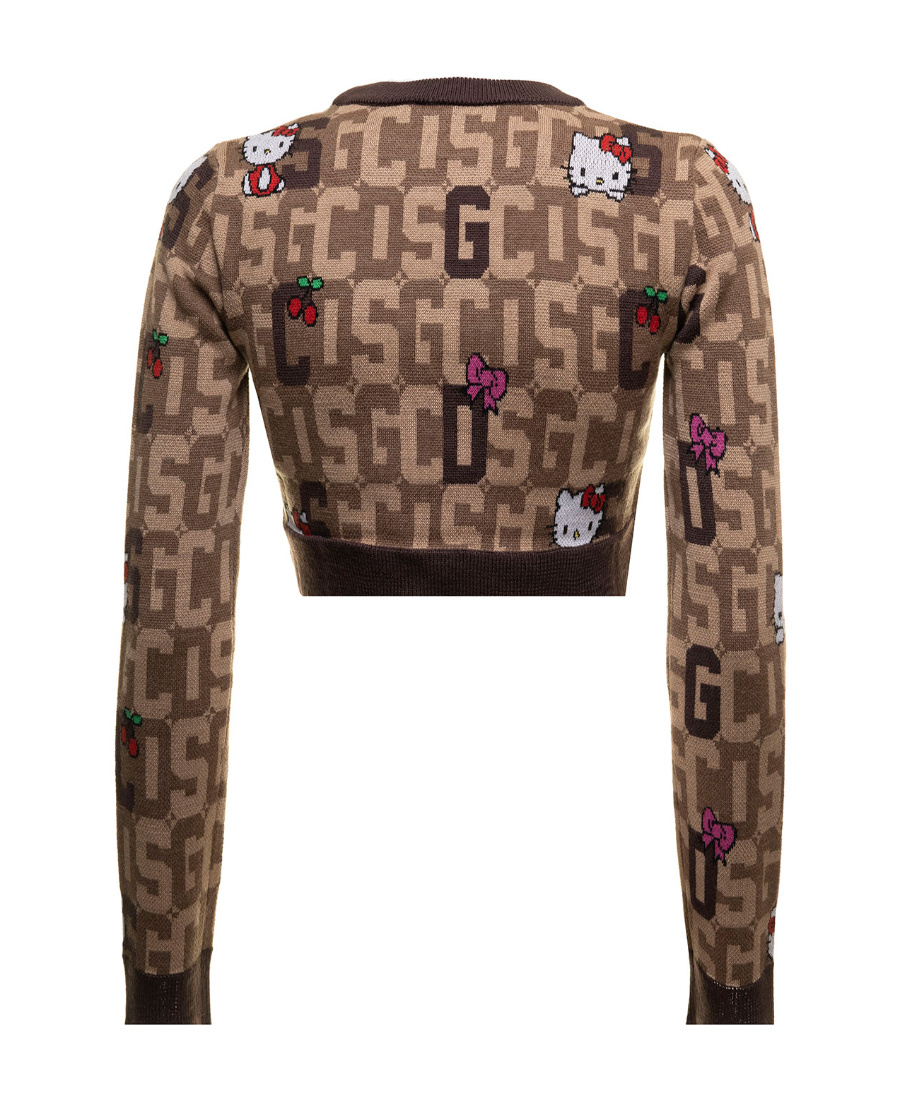 Gcds Cropped Sweater In Mixed Wool Knit With Logo Plate, Hello Kitty And Logo In Contrastingh Jacquard Gc In Brown