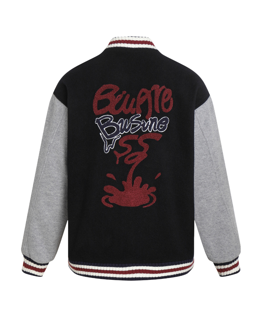 Liuregali Vintage Woolen Cloth Embroidered Baseball Coat In Black