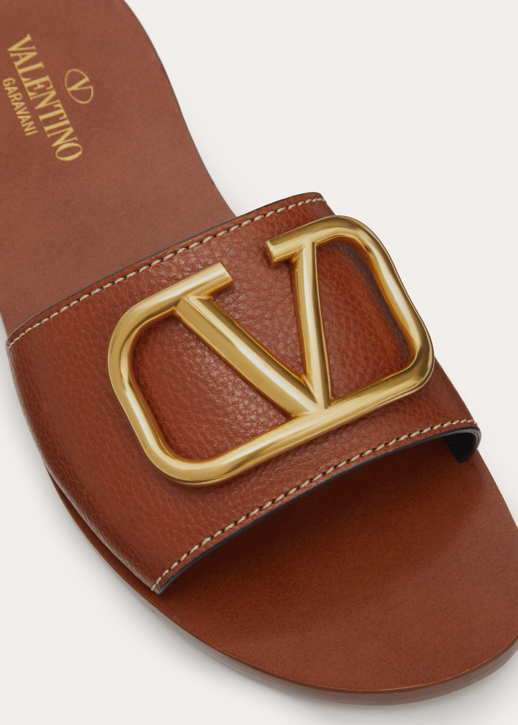 Shop Valentino Vlogo Signature Slide Sandal In Grainy Cowhide With Accessory In Brown