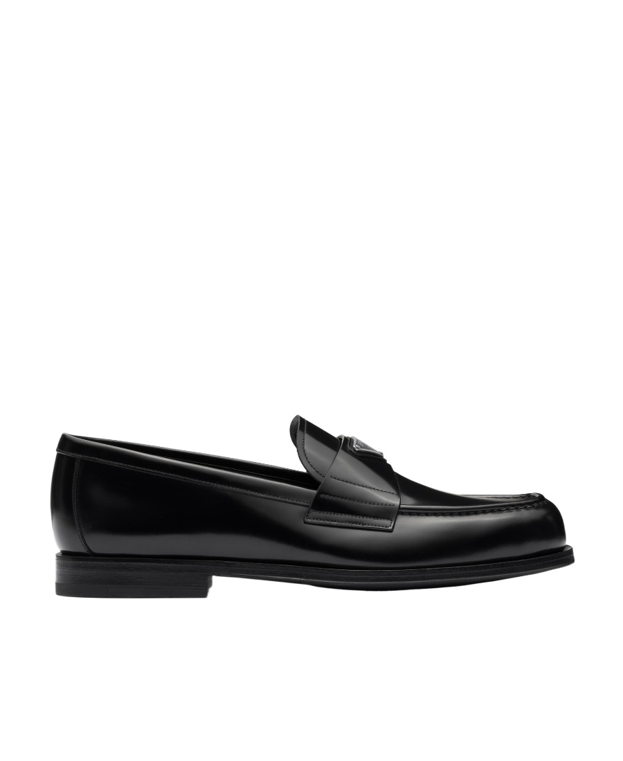 Prada Triangle Logo Chocolate Brushed Leather Loafers In Black