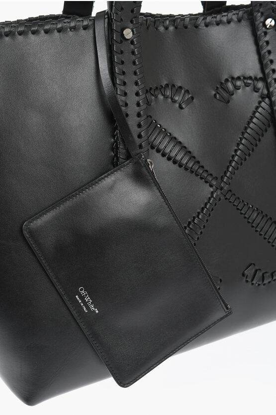 Off-white Arrows-stitch Leather Tote Bag In Black