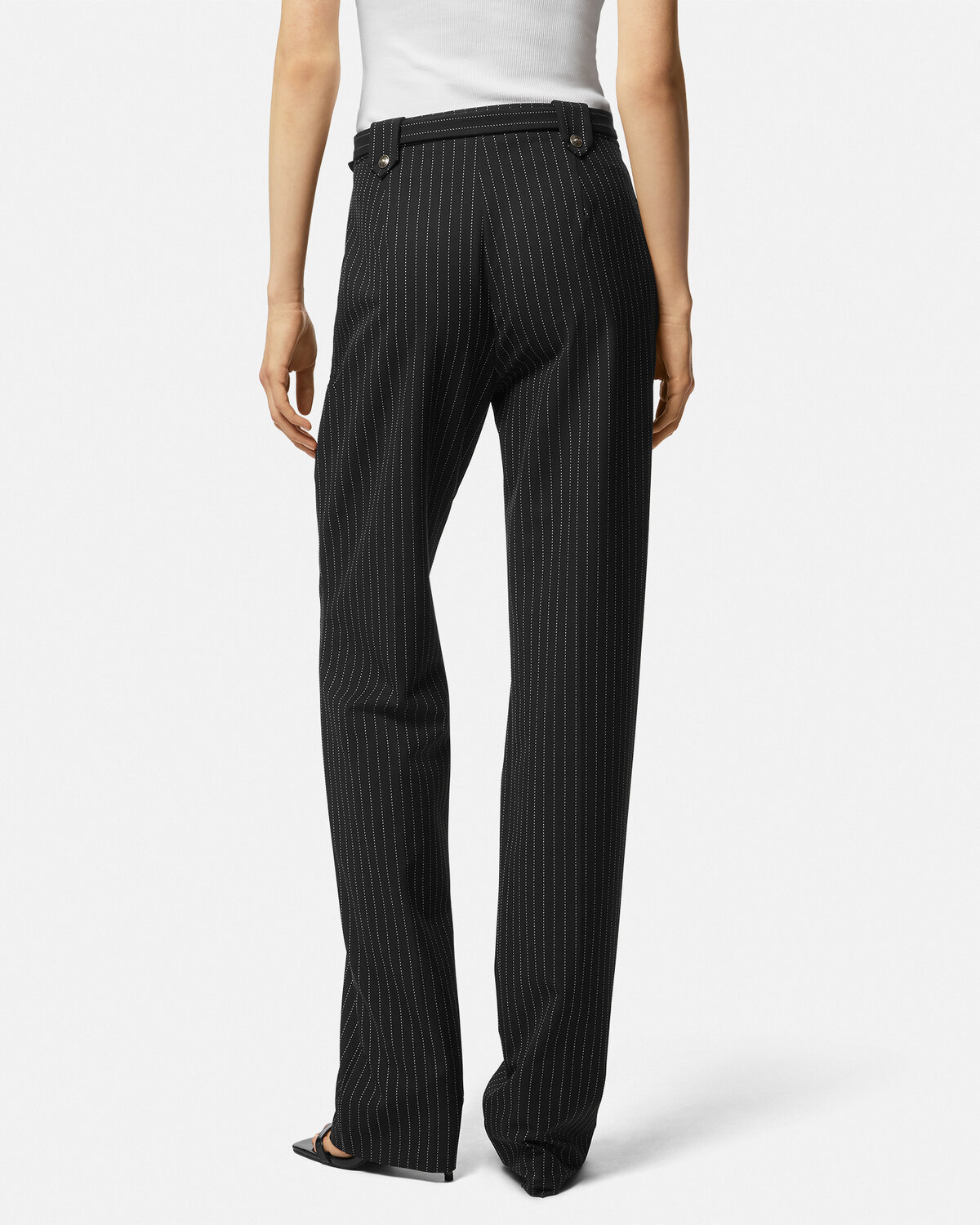 Versace Pinstriped Logo-engraved Straight Trousers In Black