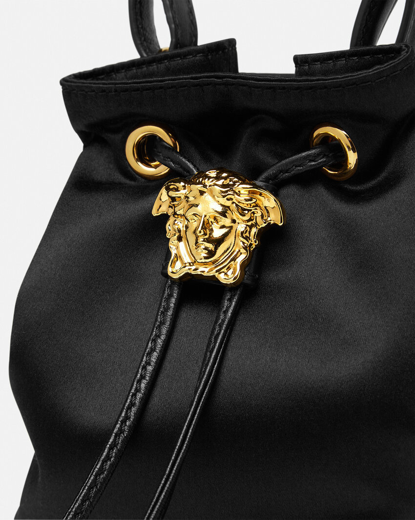 Versace La Medusa Satin Mini Bucket Bag In Black