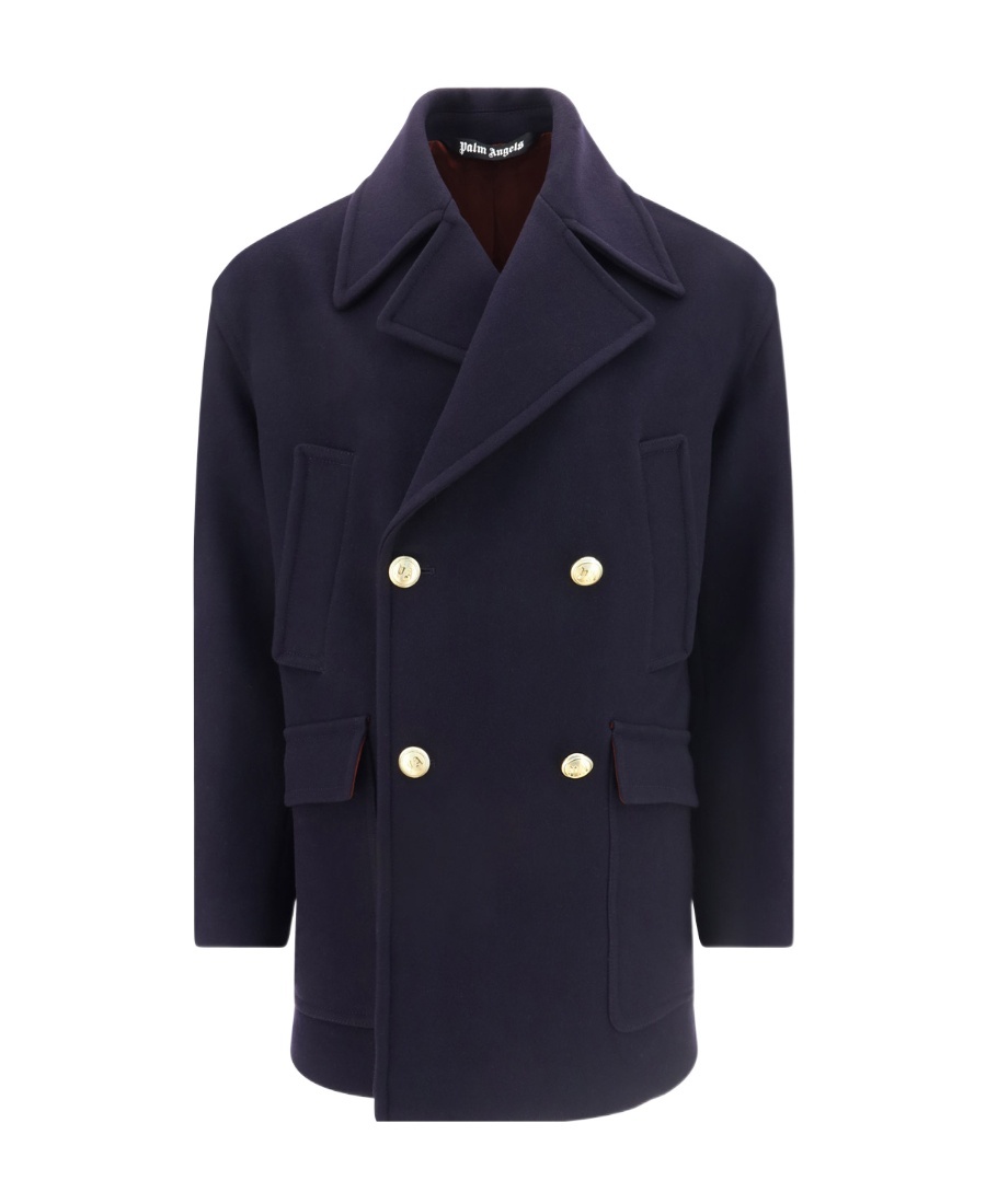 Palm Angels Embroidered Sleeve Double-breasted Coat With Gold Buttons In Black