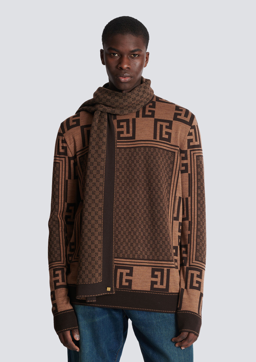 Balmain Monogram-pattern Fine-knit Scarf In Black