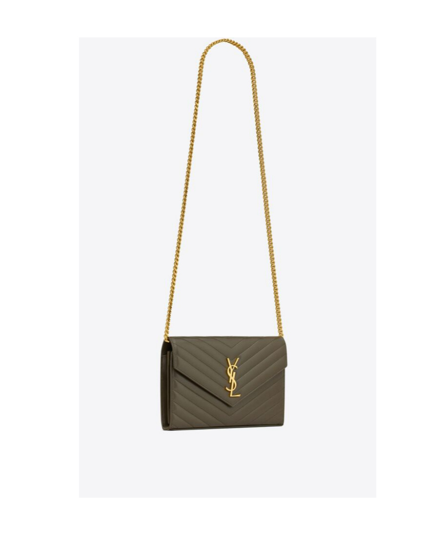 Saint Laurent Cassandre Envelope Leather Chain Wallet In Green