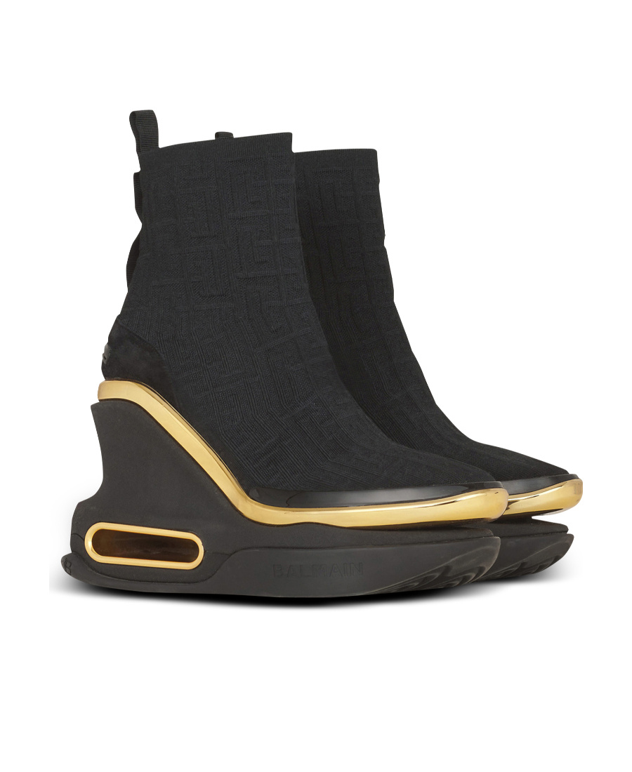 Shop Balmain Knit And Suede B-bold Wedge Sneakers In Black