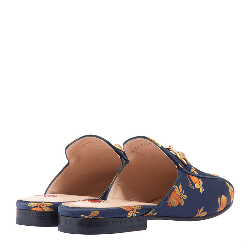 Gucci Horse Title Buckle Fruit Printed Muller Shoes In Blue