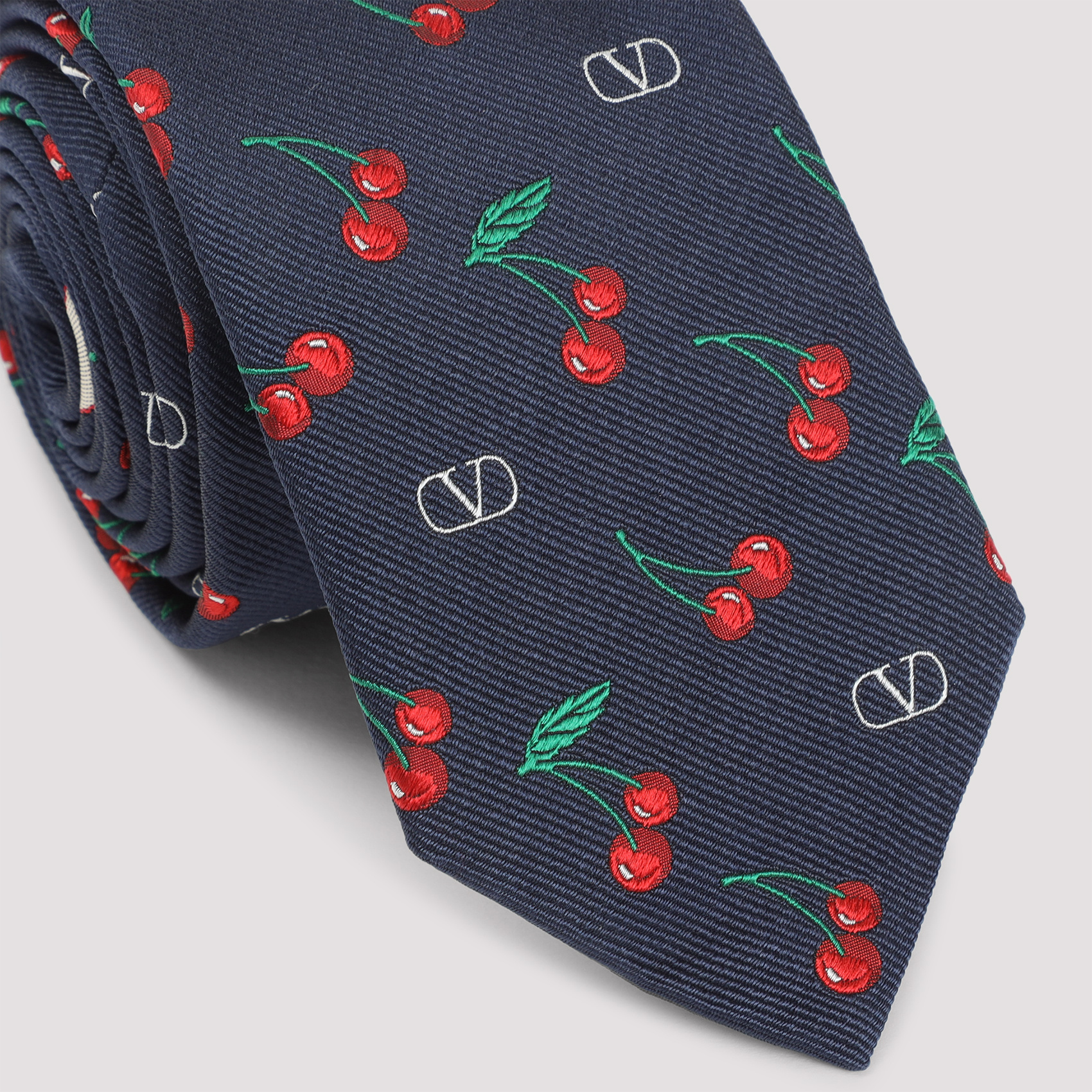 Valentino Adjustable Cherry Pattern Silk Tie In Blue