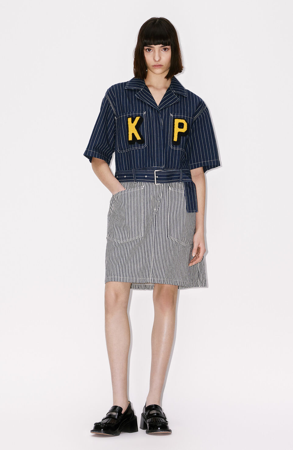 Kenzo Logo-patch Striped Denim Shirtdress In Blue