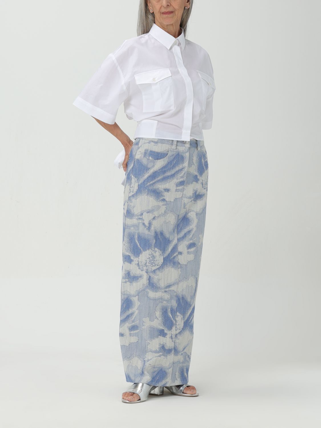 Shop Msgm Pattern-jacquard Denim Maxi Skirt In Gray