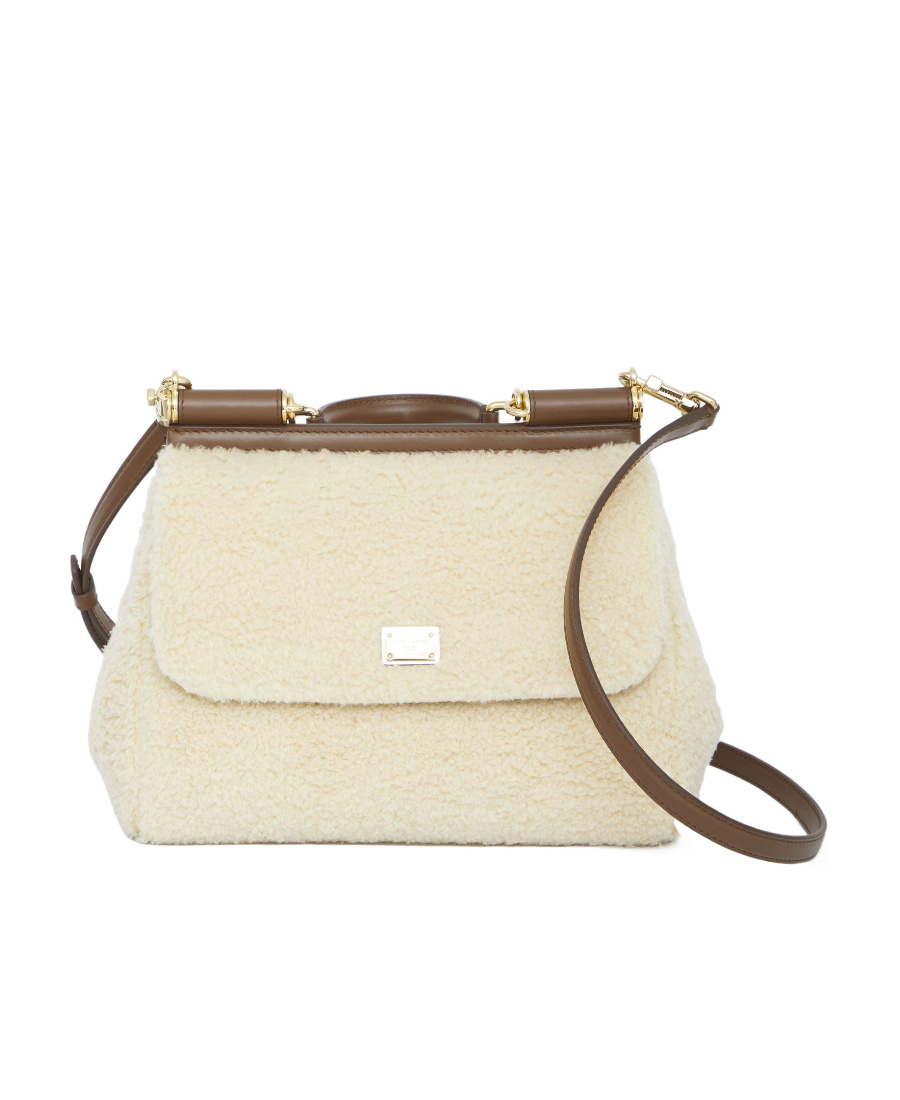 Dolce & Gabbana Medium Sicily Shearling Tote Bag In Nude