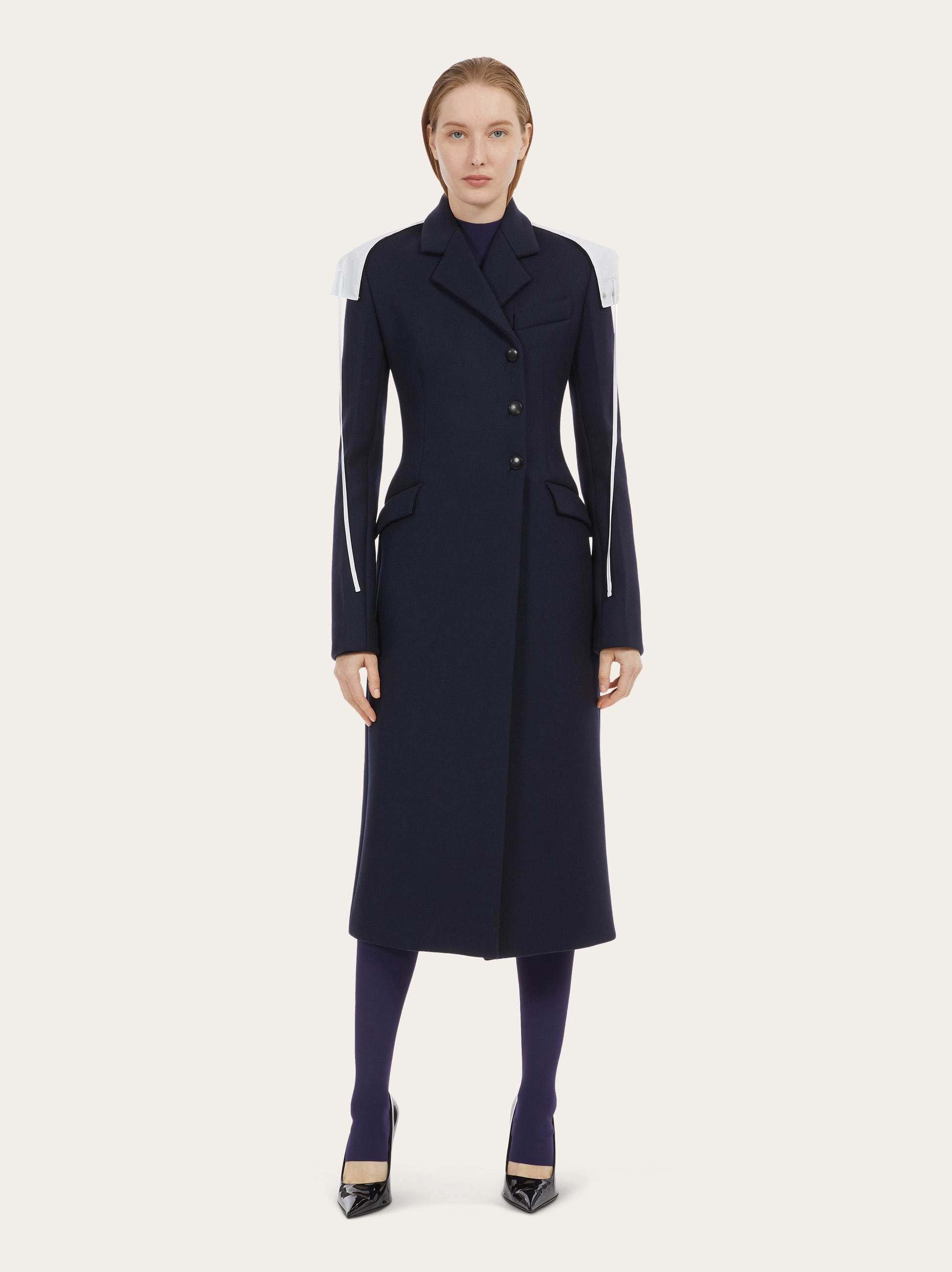 Ferragamo Long Blue Coat With Contrasting Detachable Hood In Wool Woman In Black