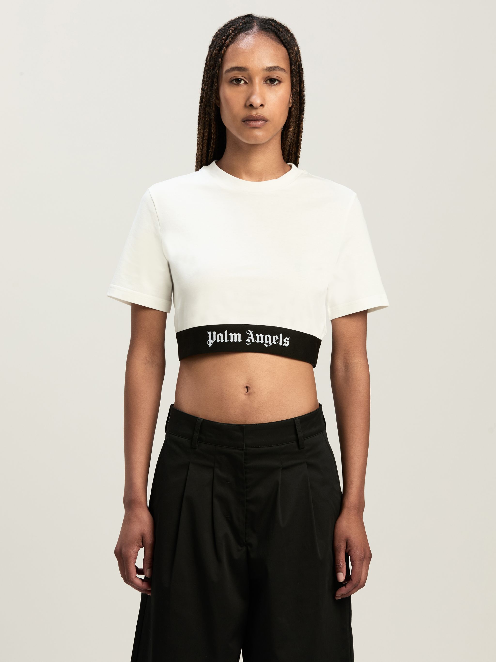 Palm Angels White Cropped T-shirt With Jacquard Logo In Cotton Woman In White