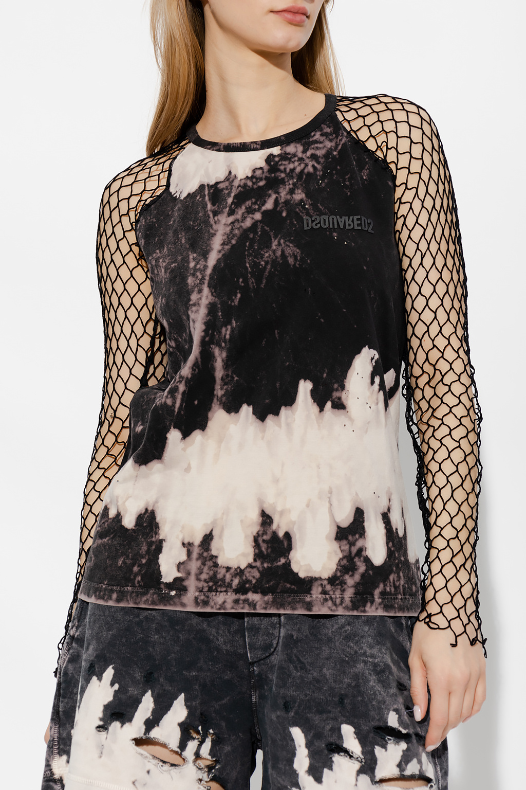 Shop Dsquared2 Abstract Pattern Mesh Sleeve Top In Black