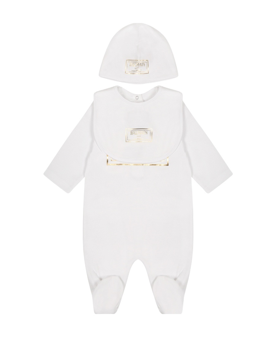 Balmain Pajamas, Hat, Bib Set In White