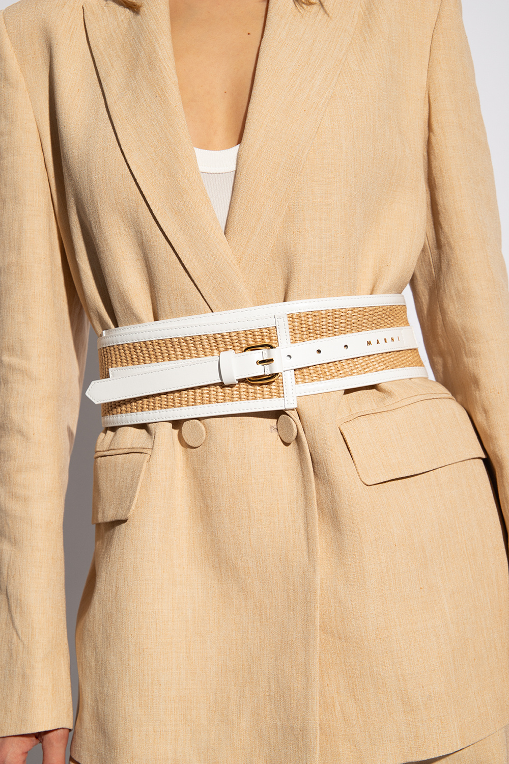 Shop Marni Leather-trim Raffia Wide Belt In White