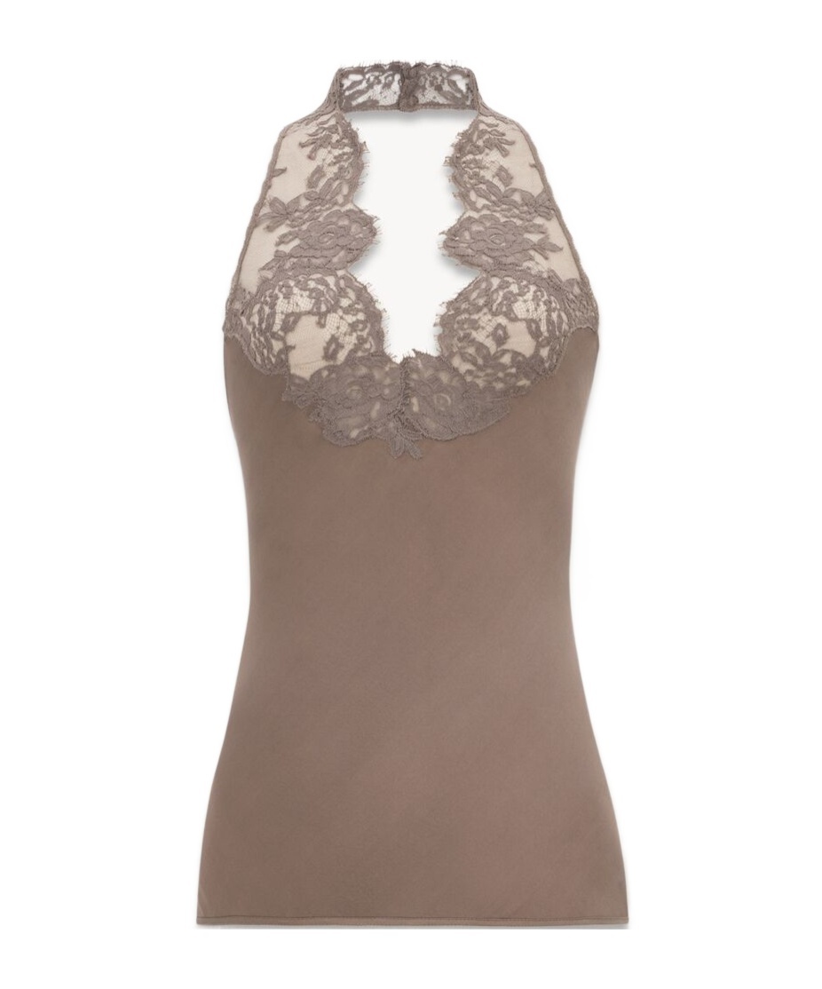 Saint Laurent Lace-embellished Silk Top In Gray