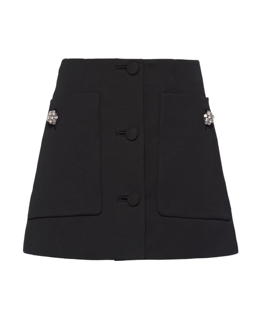 Prada Wool Mini Skirt With Oversized Pockets And Embellished Accents In Black