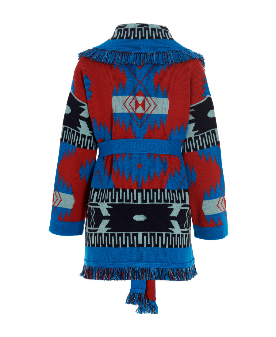 Shop Alanui Intarsia-knit Belted-waist Cardigan In Blue