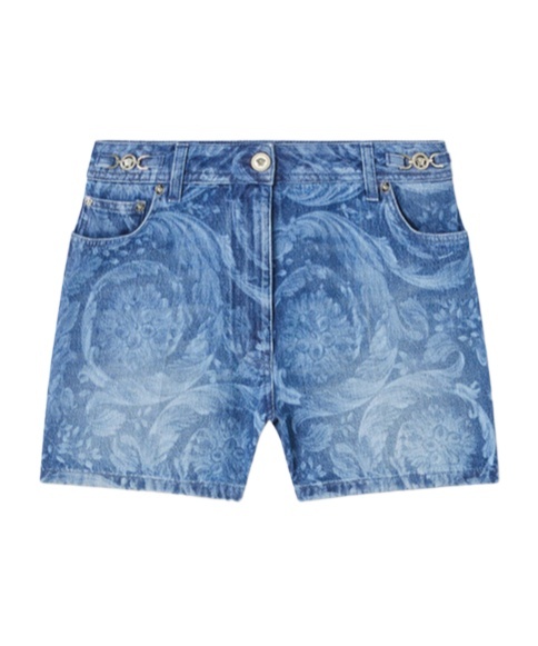 Versace Printed Denim Shorts In Blue