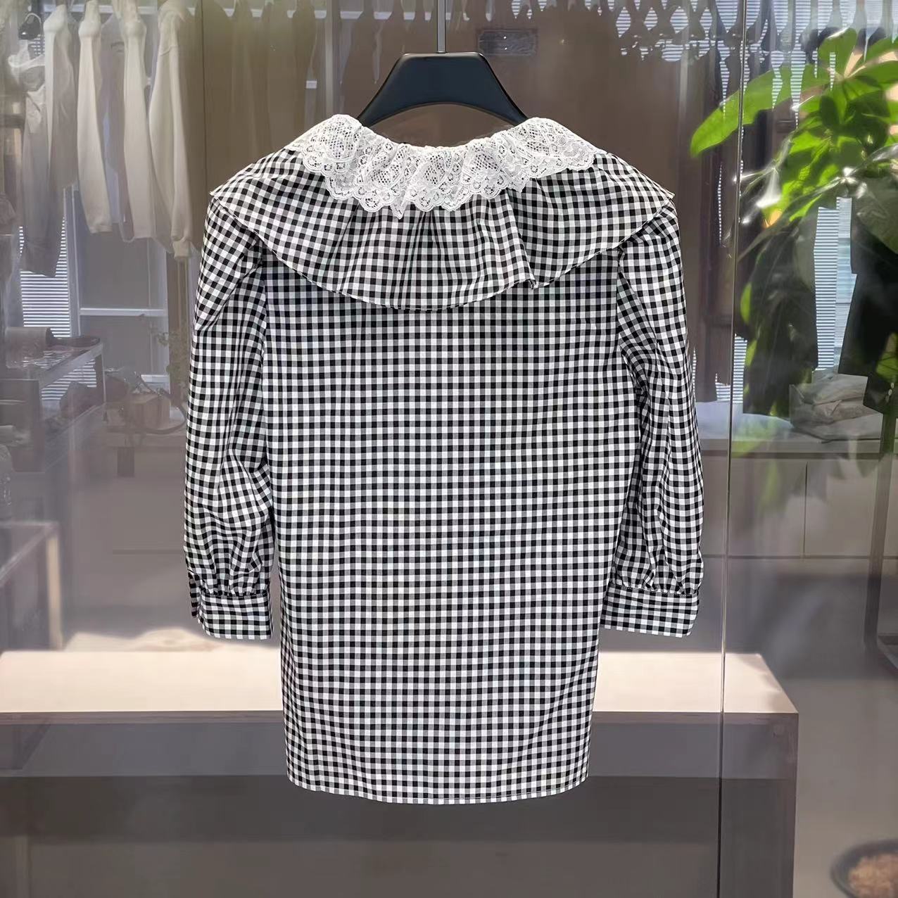 Alessandra Rich Check-print Ruffle-collar Shirt In Gray