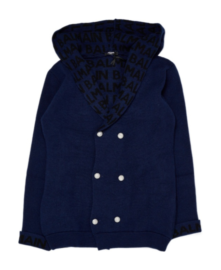 Balmain Double-breasted Hooded Jacket In Blue