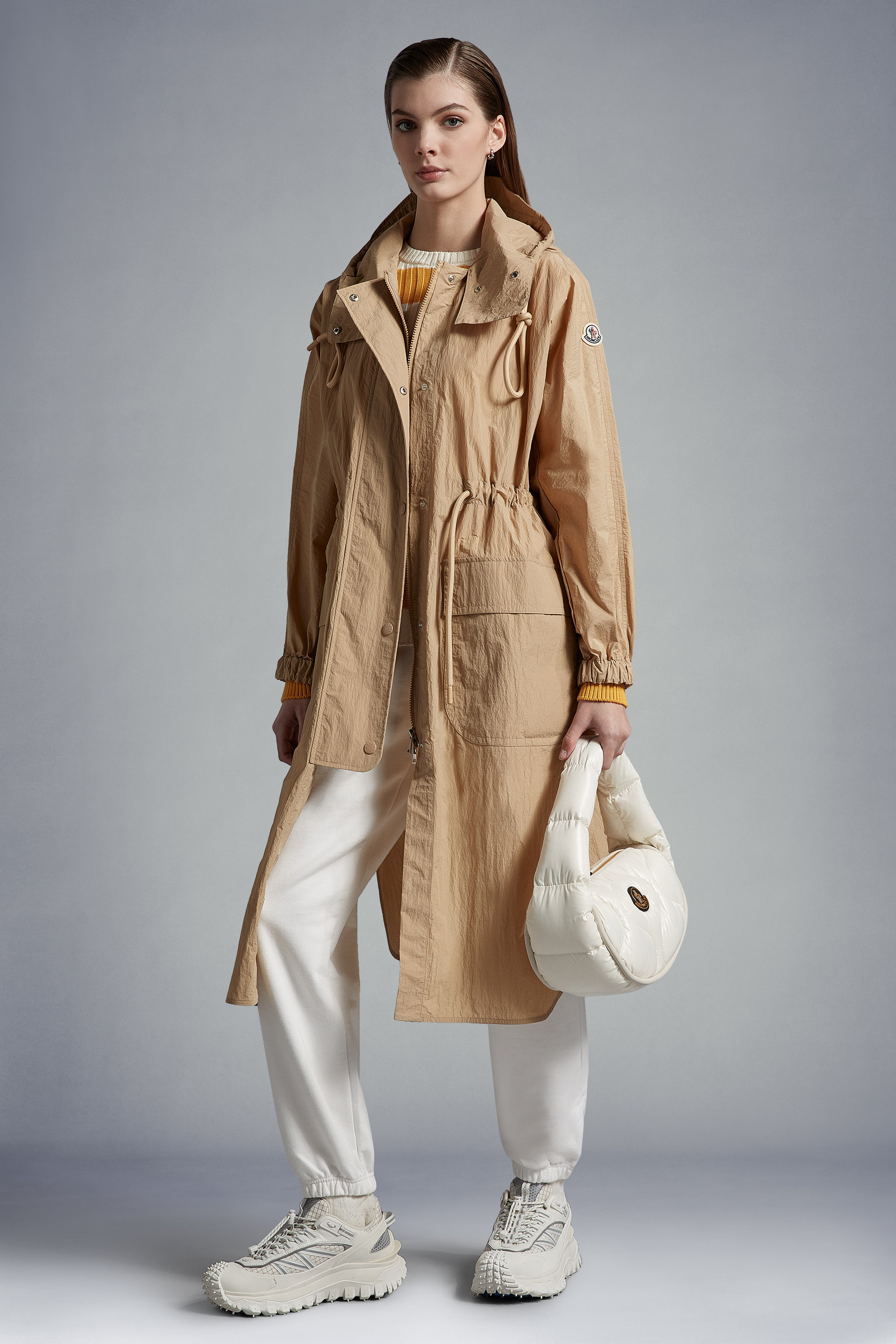 Moncler Drawstring-waist Hooded Coat In Nude
