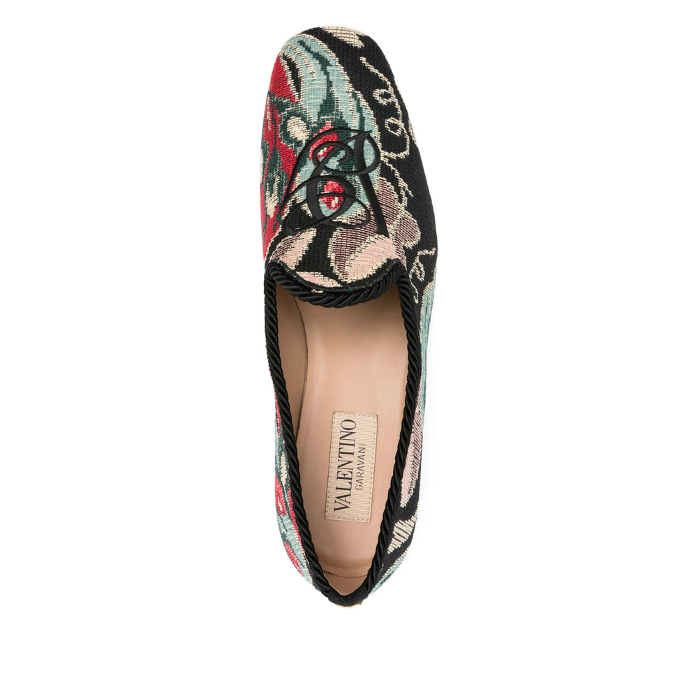 Valentino Floral-patterned Rope-trimmed Loafers In Black