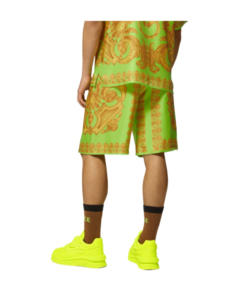 Versace Green And Gold Shorts With All-over Barrocco Print In Silk Man In Green