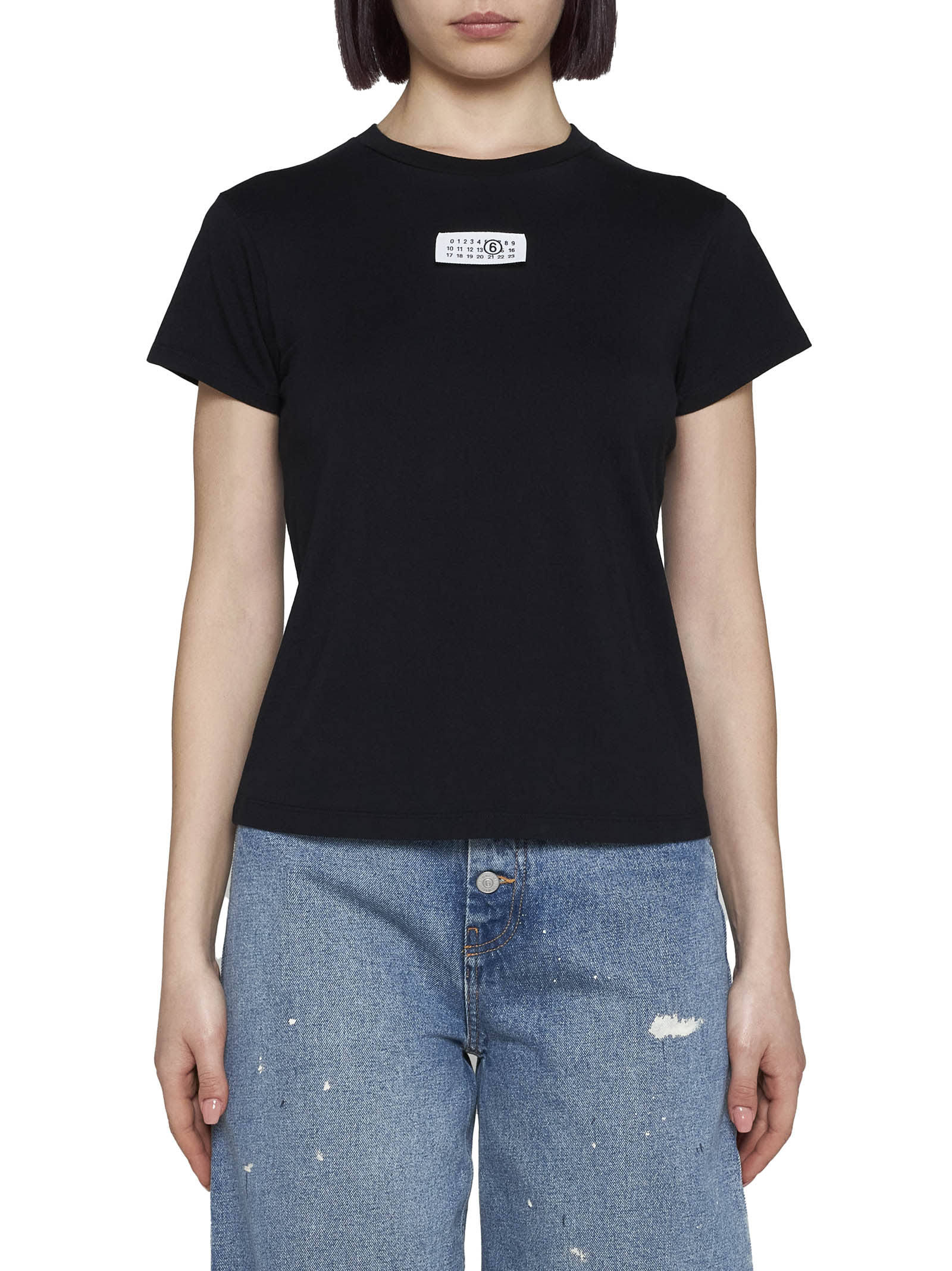 Mm6 Maison Margiela Crewneck T-shirt With Rectangular Applique And Design In Black