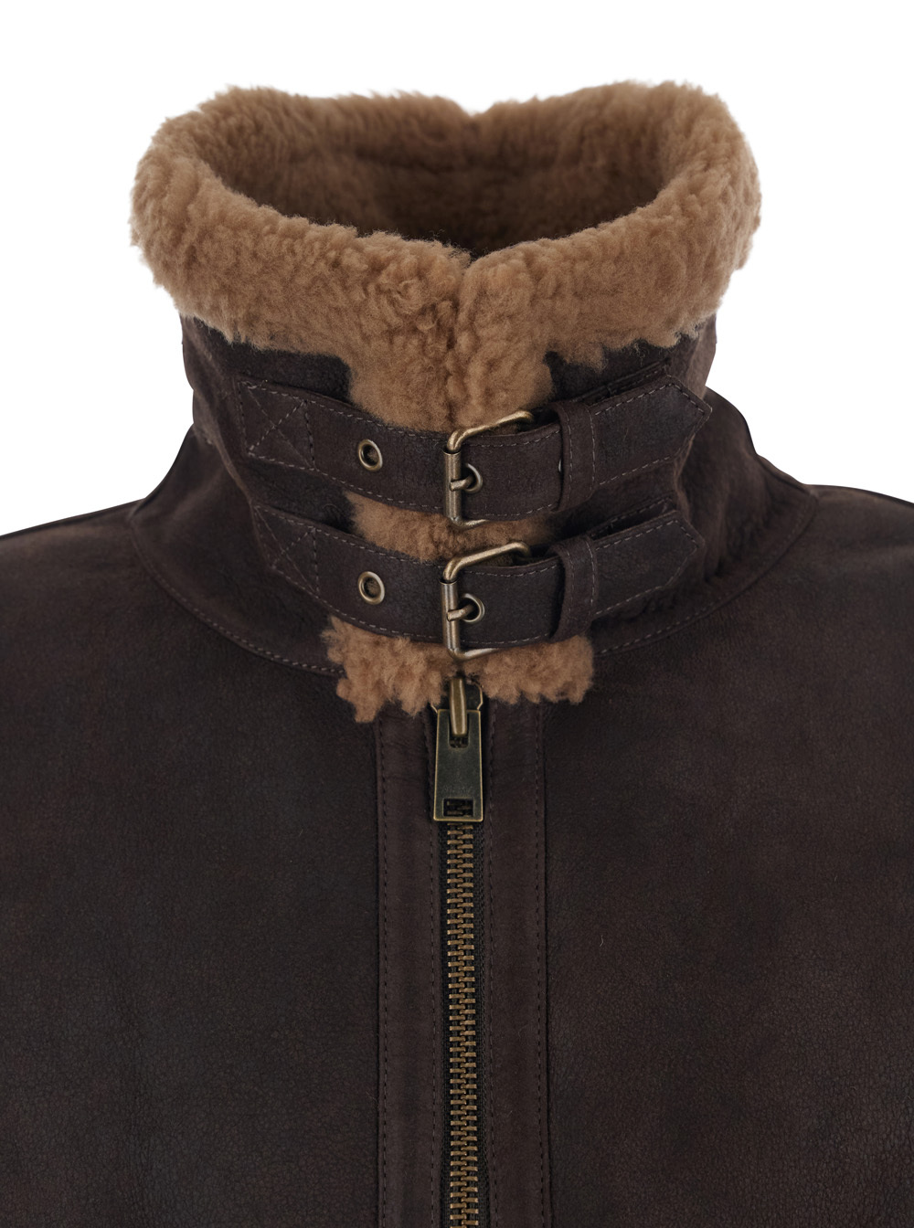 Arma Strap Closure Shearling Jacket In Brown