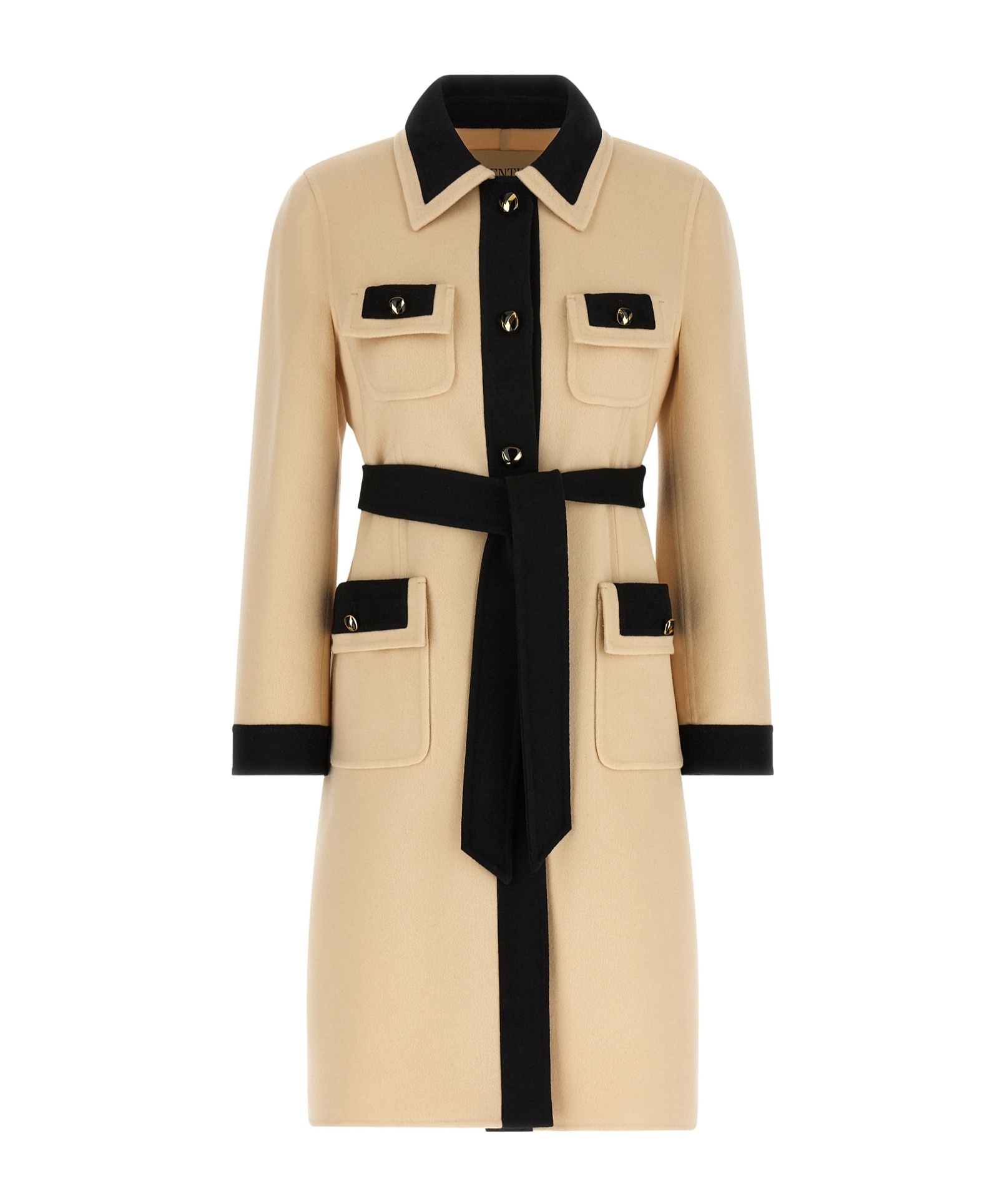 Valentino Wool Coat With Belted Waist And Contrast Trim In Brown