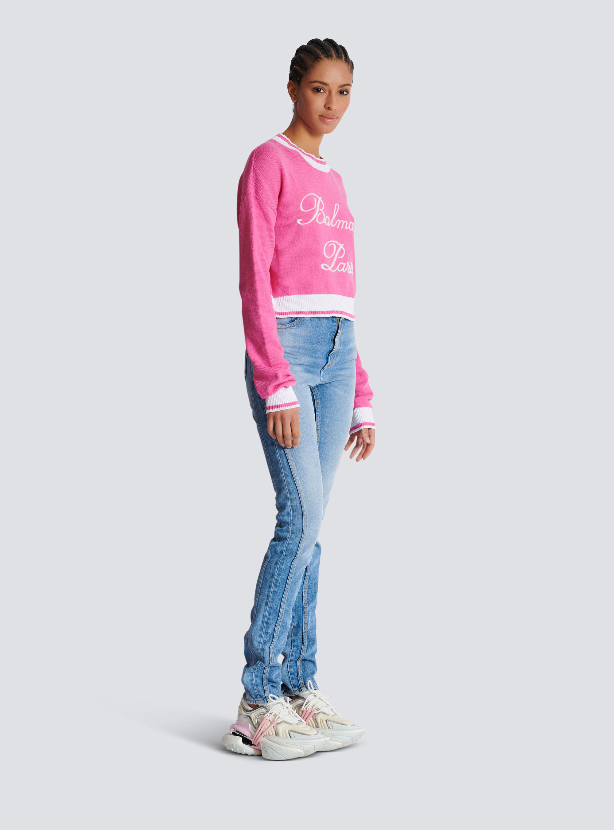 Balmain Cotton-blend Embroidered-logo Sweater In Pink