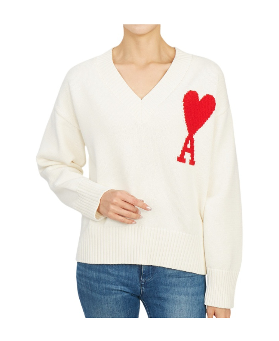 Ami Alexandre Mattiussi Oversize Ami De Coeur V-neck Jumper In White