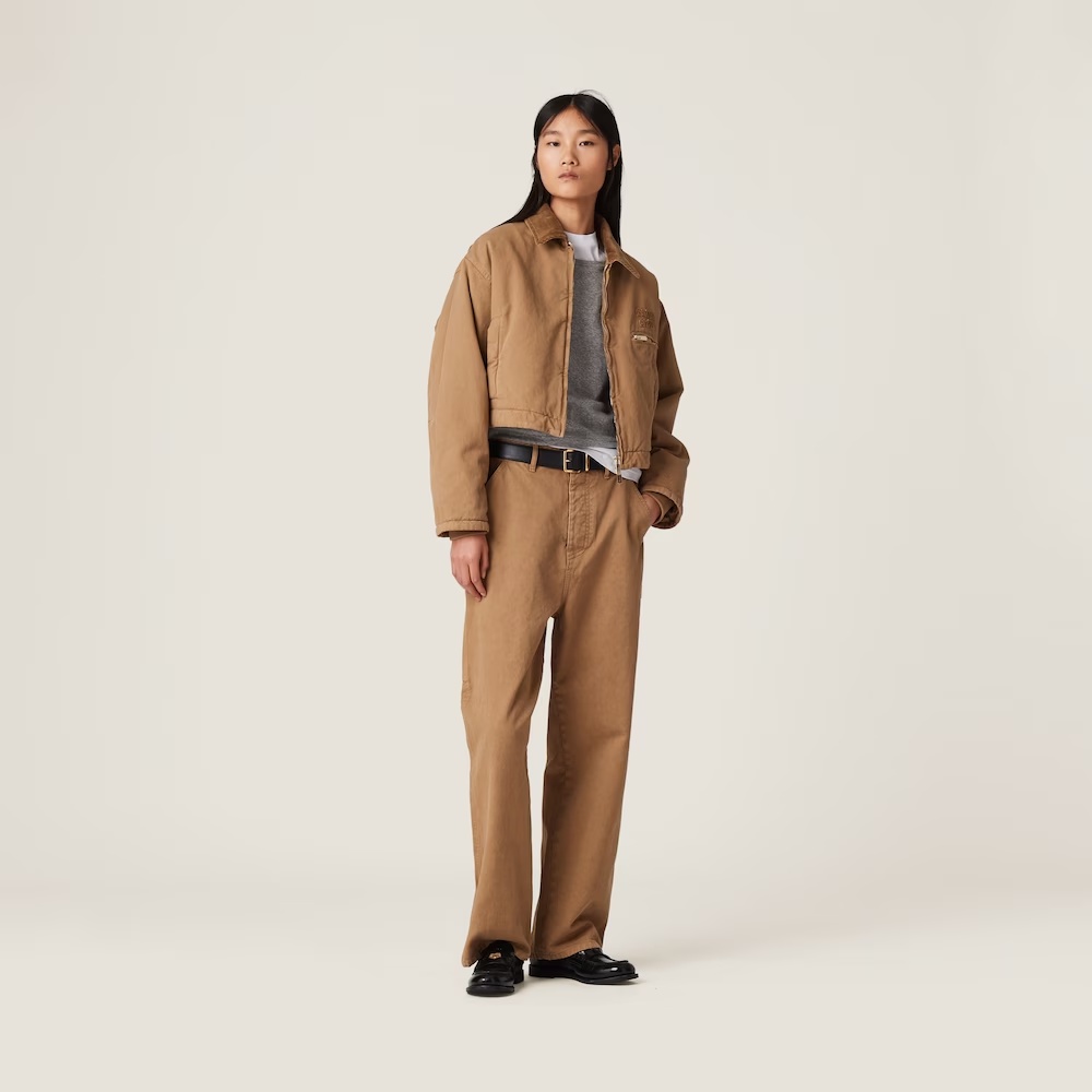 Miu Miu Logo-patch Straight-leg Cotton Trousers In Nude