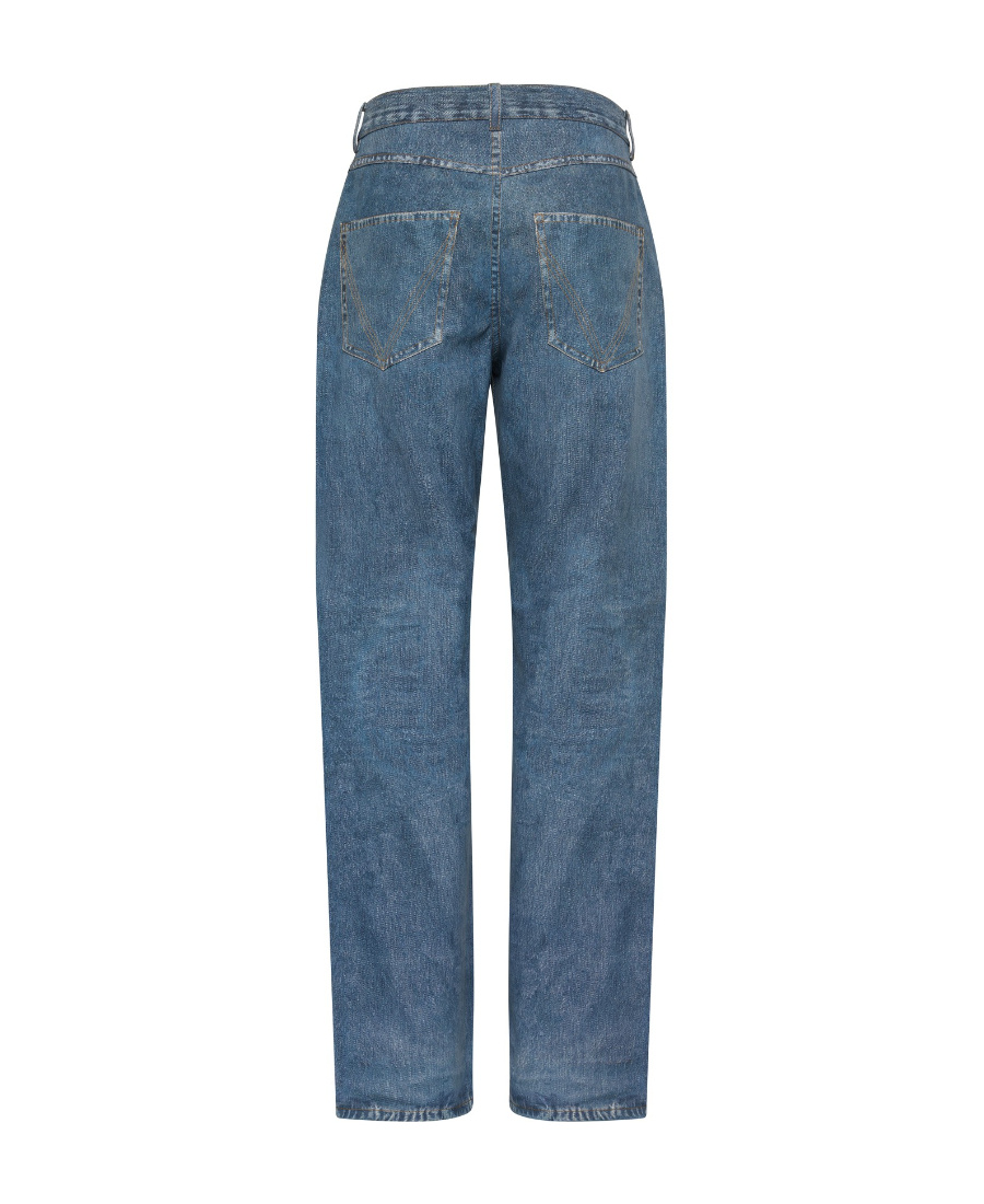 Shop Bottega Veneta Denim Printed Leather Trousers In Blue