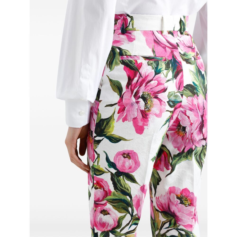 Dolce & Gabbana Peony Print Straight-leg Ankle Pants In Multicolor