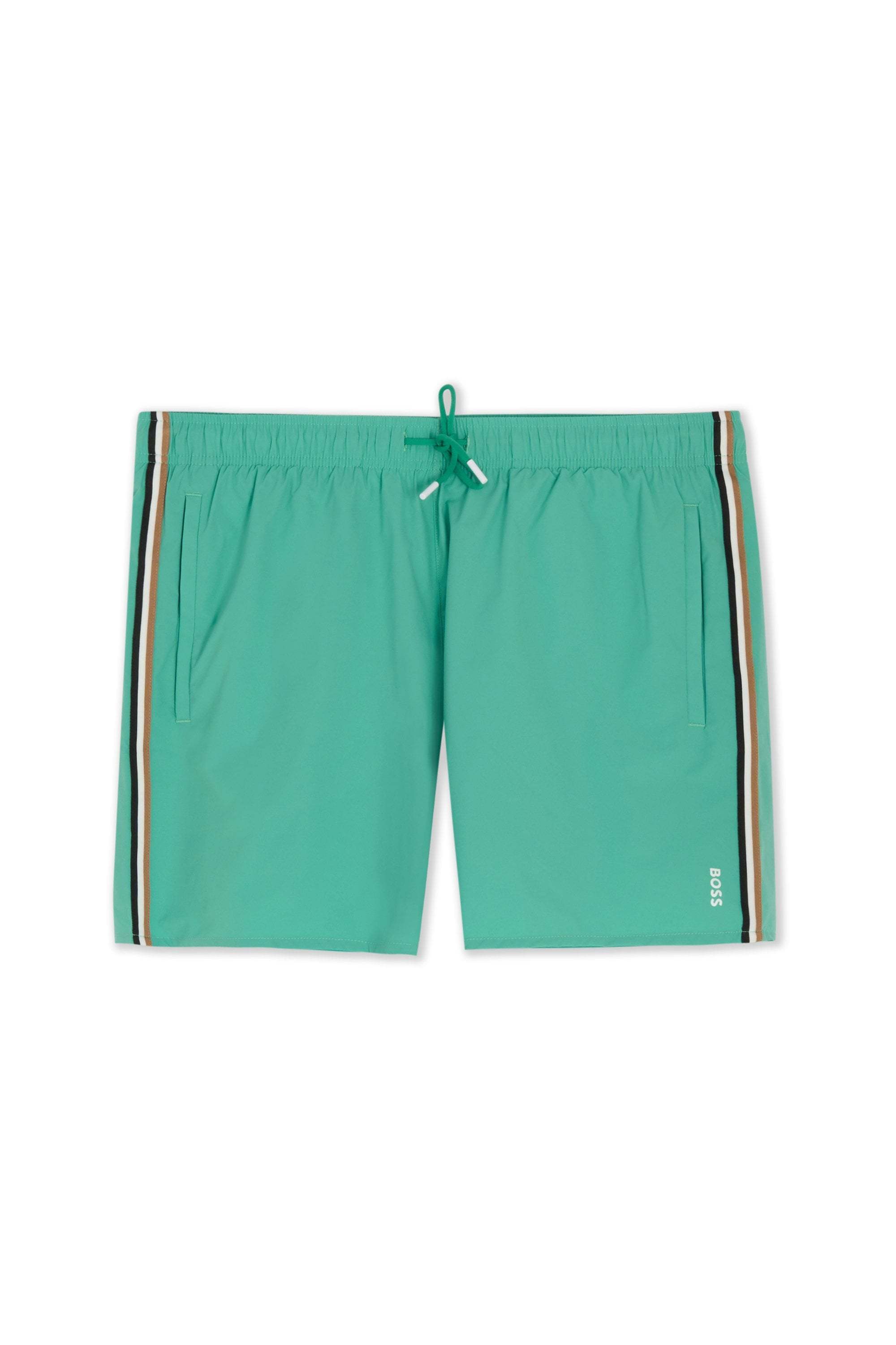 Hugo Boss Signature Stripe Drawstring Swim Shorts In Green