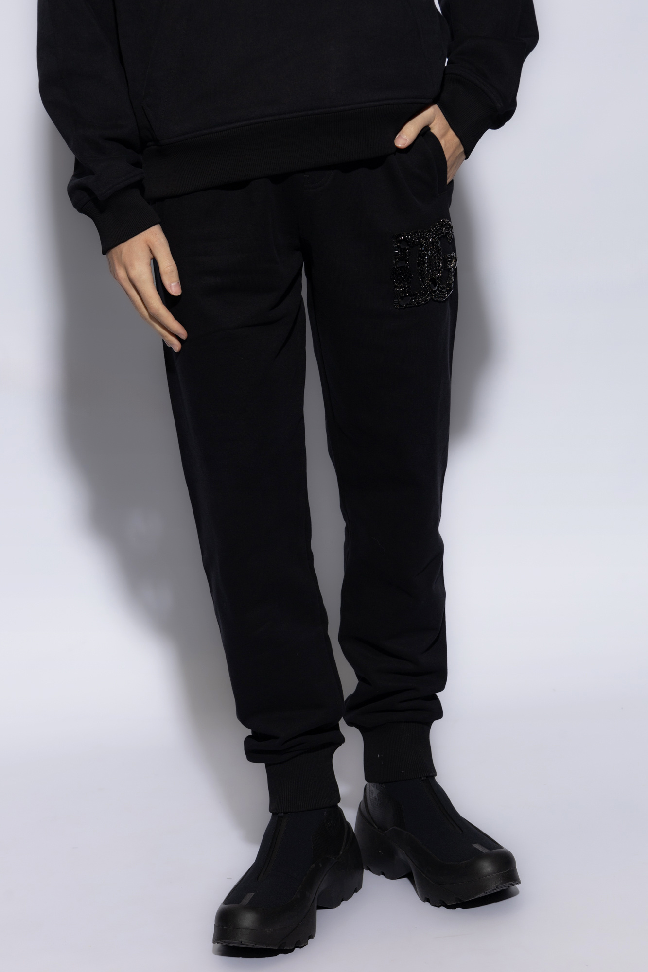 Dolce & Gabbana Crystal-embellished Cotton Track Pants In Black