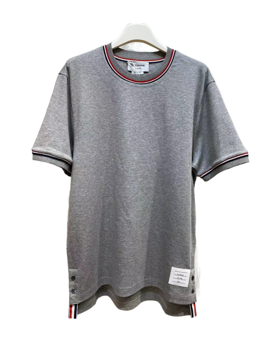 Thom Browne Cotton Crew Neck T-shirt With Striped Trim In Gray