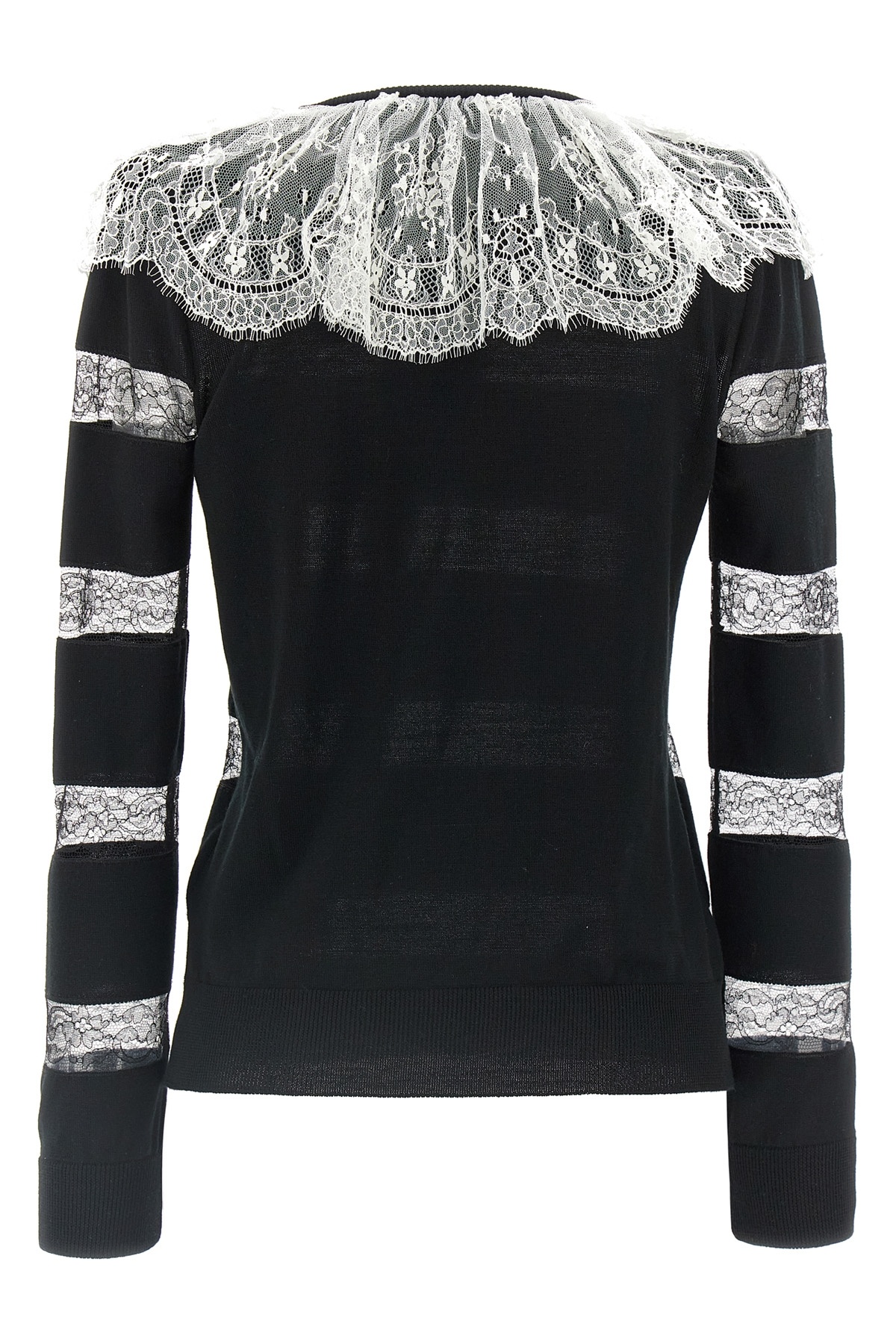 Valentino Bow-embellished Striped Lace-trimmed Wool Sweater In Black